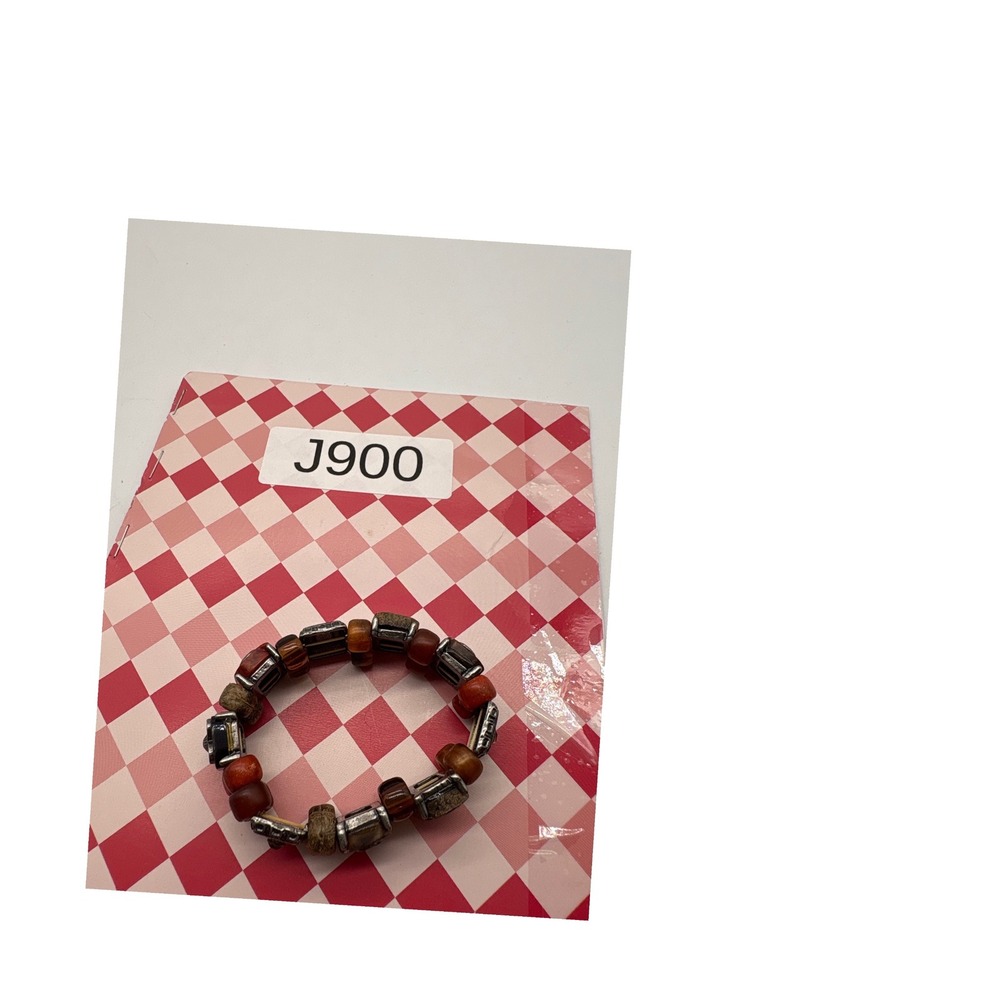 Bohemian Mixed Media Stretch Bracelet Silver Cameo Wood Resin Beads Brown Orange - Picture 7 of 7